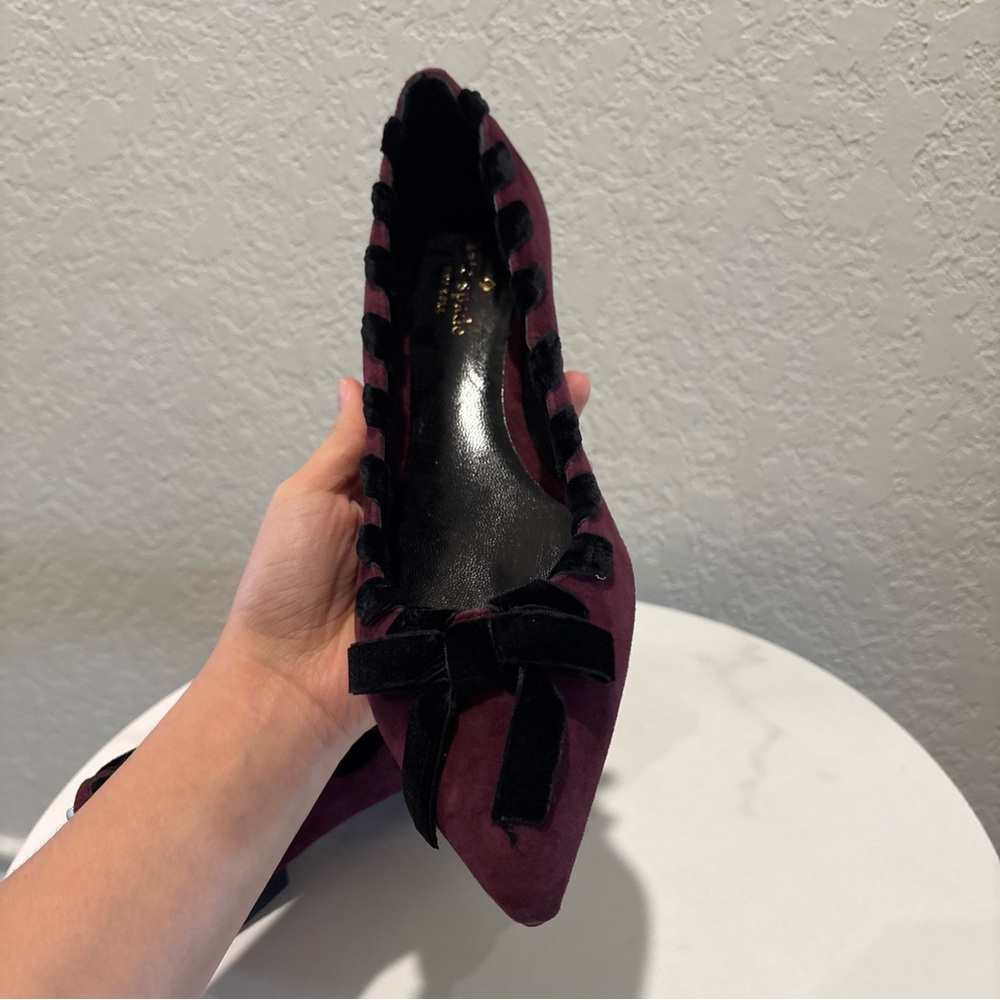 kate spade Burgundy Suede Pointed-Toe Flats with Black Ribbon Trim - Picture 12 of 12